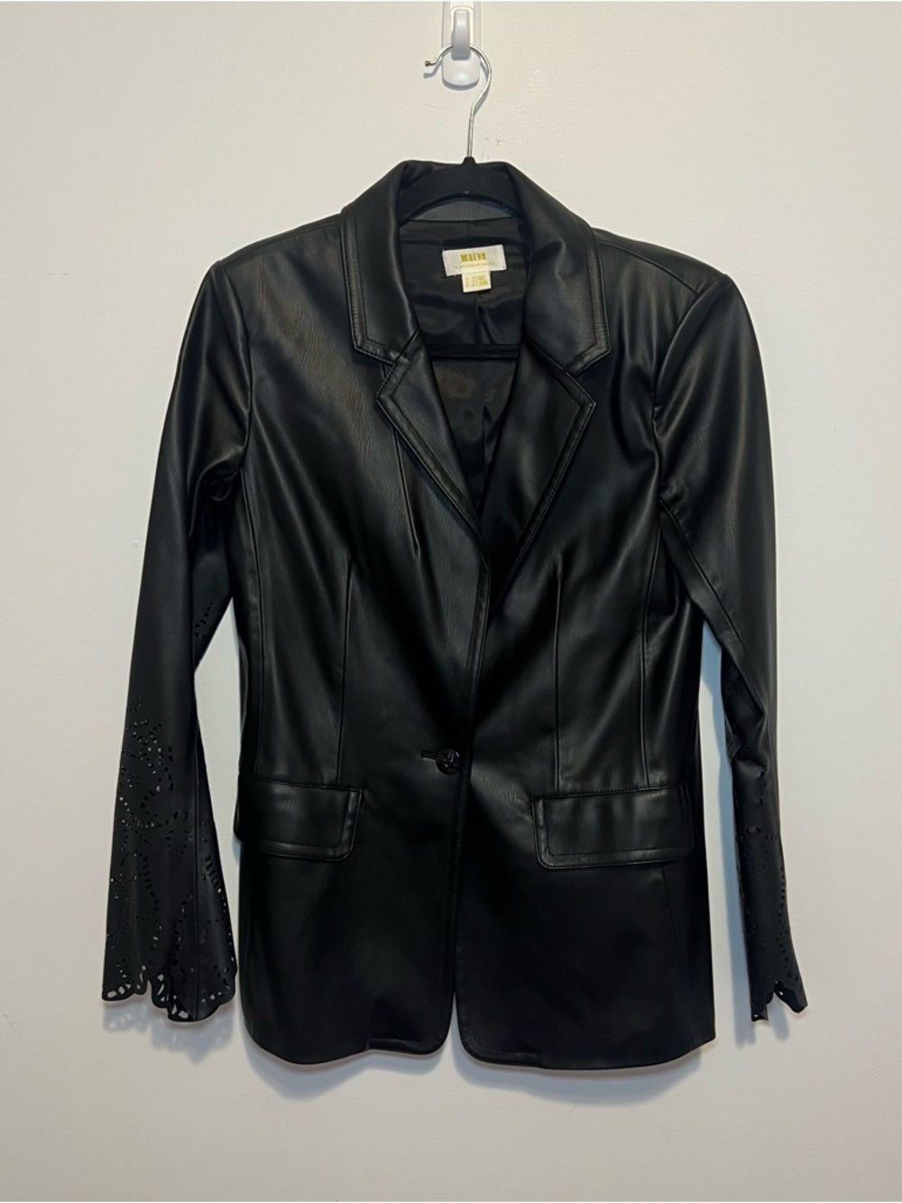 Anthropologie Black Faux Leather Blazer with Laser-Cut Bell Cuffs